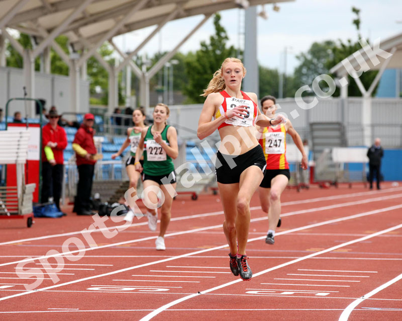 Harriet Pyke (Manx Harriers) wins the senior womens 400 metres, Northern Championships, Sport City, Manchester